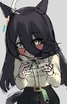 Rule 34 | 1girl, :/, absurdres, ahoge, animal ears, belt, black belt, black hair, black ribbon, black skirt, closed mouth, collared shirt, ear ornament, ear tag, earrings, embarrassed, frilled shirt collar, frills, gift, grey background, hair between eyes, highres, holding, holding gift, horse ears, horse girl, horse tail, jewelry, long hair, long hair between eyes, long sleeves, looking at viewer, makiiichi, manhattan cafe (umamusume), multicolored hair, neck ribbon, ribbon, shirt, shirt tucked in, simple background, single earring, skirt, solo, tail, umamusume, very long hair, white hair, yellow eyes, yellow shirt