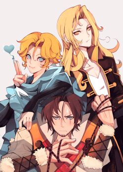 1girl 2boys alucard_(castlevania) annoyed beard blonde_hair blue_eyes brown_hair castlevania_(netflix) castlevania_(series) cloak coat dhampir facial_hair fang half-human heart kvover_(applebloom) long_hair looking_at_viewer magic multiple_boys ralph_c_belmont scar smile sweatdrop sypha_belnades undead v-neck vampire whip yellow_eyes