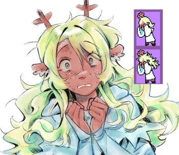 1girl animal_ears antlers blonde_hair bridal_gauntlets commentary deer_antlers deer_ears deer_girl deltarune english_commentary goomyloid grey_eyes horns long_hair noelle_holiday noelle_holiday_(dark_world) reference_inset robe solo utdr_(toby_fox) white_robe