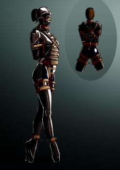 1girl armbinder arms_behind_back ballet_boots bdsm belt blindfold bondage boots bound catsuit chain chastity_belt collar corset cuffs earmuffs gag gagged gimp_suit high_heels highres hood hook leather leather_suit lock neck_corset padlock ponytail reverse_prayer sensory_deprivation shackles slave