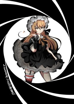 1girl aiming aiming_at_viewer asymmetrical_legwear black_gloves blonde_hair brown_eyes collared_dress cowboy_shot dress frilled_hairband frills garter_straps girls&#039;_frontline gloves gothic_lolita gun gun_barrel_sequence hairband handgun james_bond_(series) lolita_fashion long_hair looking_at_viewer minami_shin_(zenshuu_bougyo) mismatched_legwear orange_ribbon ppk_(girls&#039;_frontline) ribbon rifling short_sleeves single_garter_strap single_thighhigh smile smoke smoking_barrel solo suppressor thighhighs very_long_hair walther walther_ppk weapon
