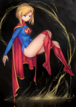1girl black_background blonde_hair blue_eyes boots breasts cape covered_navel dc_comics eyebrows female_focus floating from_side full_body gradient_background highres kryptonian large_breasts leotard long_sleeves plantar_flexion red_boots red_cape sleeved_leotard solo supergirl superman_(series) tsuki_suigetsu