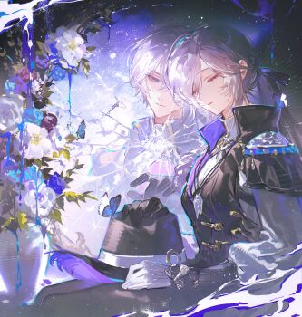 Rule 34 | 1boy, 1girl, absurdres, black pants, blue butterfly, blue eyes, blue flower, broken glass, broken mirror, bug, butterfly, closed eyes, closed mouth, detective (silver palace), different reflection, eyelashes, female detective (silver palace), flower, glass, gloves, hand on headwear, hat, highres, insect, jewelry, long hair, long sleeves, looking at another, male detective (silver palace), mirror, necklace, official art, pants, ponytail, promotional art, reflection, renjian shilian, shirt, silver palace, sitting, vase, white flower, white gloves, white hair, white shirt