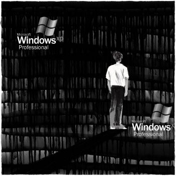 1boy absurdres awl_inthe_world black_hair black_pants border facing_away from_behind full_body highres kim_dokja library microsoft_windows omniscient_reader&#039;s_viewpoint pants scenery shadow shirt short_hair solo white_border white_shirt windows_xp