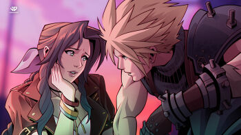 1boy 1girl absurdres aerith_gainsborough armor armored_gloves bandaged_arm bandages bangle blonde_hair blue_shirt blurry blurry_background bracelet braid braided_ponytail breasts brown_hair choker cloud_strife earrings final_fantasy final_fantasy_vii final_fantasy_vii_rebirth final_fantasy_vii_remake green_eyes hair_ribbon head_on_hand highres jacket james_diato jewelry long_hair looking_at_another medium_breasts muscular muscular_male parted_bangs party pauldrons pink_ribbon red_jacket ribbon shirt short_hair shoulder_armor sidelocks single_bare_shoulder single_braid single_earring single_pauldron sleeveless sleeveless_turtleneck spiked_hair sunset suspenders turtleneck upper_body