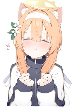 Rule 34 | 1girl, animal ear fluff, animal ears, blue archive, blush, breasts, cat ears, cat girl, closed eyes, closed mouth, facing viewer, flower, gym uniform, hair between eyes, hair flower, hair ornament, hairband, halo, heart, highres, jacket, long hair, long sleeves, mari (blue archive), mari (track) (blue archive), multicolored jacket, official alternate costume, orange hair, sleeves past wrists, small breasts, solo, tears, track jacket, two-tone jacket, white flower, white hairband, yellow halo, yuukun mk-ii