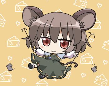 1girl :3 animal_ears black_dress black_shoes blue_capelet blush capelet chibi chibi_only closed_mouth commentary_request dowsing_rod dress food-themed_background full_body grey_hair holding jewelry long_sleeves looking_at_viewer mouse_(animal) mouse_ears mouse_girl mouse_tail nazrin nazrin_day necklace red_eyes rokugou_daisuke shoes short_hair signature socks solo tail touhou white_socks yellow_background