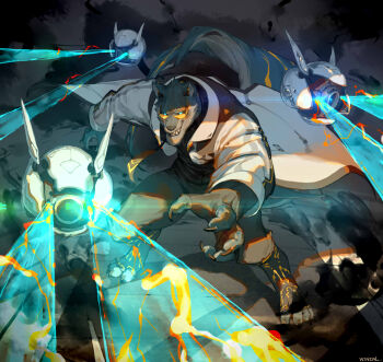 1boy animal_ears bara claws coat colored_sclera commentary dog_boy dog_ears dog_tail furry furry_male glowing highres lab_coat looking_at_viewer male_focus open_mouth original sharp_teeth smile smoke solo tail teeth white_coat wincalblanke yellow_sclera