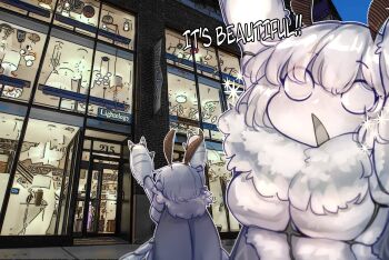 1girl :o absurdres antennae arthropod_girl arthropod_limbs blush breasts clawed_hands colored_skin commentary completely_nude english_text extra_arms from_behind grey_claws grey_tongue hands_up highres insect_girl insect_wings looking_at_viewer medium_breasts monster_girl moth_girl moth_wings night nude original outdoors photo_background shop solid_eyes solo sparkle standing symbol-only_commentary warl_granada white_eyes white_fur white_hair white_skin wings