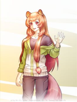 1girl :d abstract_background absurdres animal_ear_fluff animal_ears black_pants black_shirt blunt_bangs breasts brown_hair collarbone commentary cosplay cowboy_shot english_commentary green_jacket highres iwatani_naofumi iwatani_naofumi_(cosplay) jacket long_hair long_sleeves metal_hair_tubes multicolored_jacket off_shoulder open_mouth pants partially_open_jacket raccoon_ears raccoon_girl raccoon_tail raphtalia red_eyes shirt short_sleeves small_breasts smile solo tail tate_no_yuusha_no_nariagari teeth temerohimitaki two-tone_background two-tone_jacket upper_teeth_only waving white_background white_jacket yellow_background