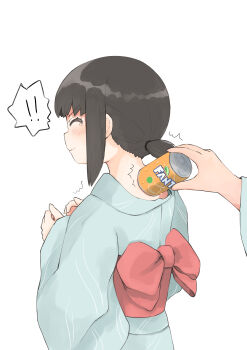 Rule 34 | !, !!, 1girl, 1other, absurdres, alternate costume, black hair, can, closed eyes, commentary request, cowboy shot, drink can, fanta, from behind, fubuki (kancolle), grey kimono, highres, japanese clothes, kantai collection, kimono, long hair, low ponytail, ponytail, short ponytail, sidelocks, soda can, toplow, yukata