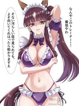 1girl animal_ears bikini brown_hair frilled_bikini frills highres horse_ears horse_girl horse_tail long_hair lucky_lilac_(umamusume) navel purple_bikini purple_eyes side_ponytail simple_background solo speech_bubble swimsuit tail thighs translation_request tsukiyuki_mike twitter_username umamusume white_background
