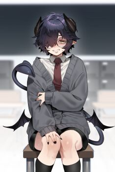 1boy black_hair black_nails black_shorts black_socks black_tail cardigan chair commentary demon_boy demon_horns demon_tail demon_wings fingernails freckles glasses grey_cardigan hair_over_one_eye half-closed_eyes highres holding_own_arm horns in_(ain) indoors looking_at_viewer low_wings male_focus necktie original paid_reward_available parted_lips pointy_ears red_necktie round_eyewear school school_chair school_uniform sharp_fingernails shirt short_hair shorts sitting sleeves_past_wrists socks solo sweatdrop tail tareme thighs variant_set white_shirt wing_collar wings