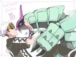 Rule 34 | 1boy, arm tattoo, bracelet, character name, closed mouth, commentary request, creatures (company), dated, eye contact, from side, game freak, gen 7 pokemon, golisopod, guzma (pokemon), hand up, heart, highres, hood, hood down, hooded jacket, jacket, jewelry, looking at another, male focus, nintendo, nyoripoke, pokemon, pokemon (creature), pokemon sm, short sleeves, smile, sunglasses, tattoo, white hair, yellow-framed eyewear