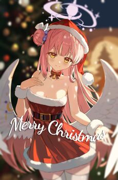1girl alternate_costume ankry bare_shoulders bell belt black_belt blue_archive blunt_bangs blurry blurry_background blush breast_suppress breasts chinese_commentary choker christmas christmas_tree closed_mouth collarbone commentary_request cowboy_shot dress eyebrows_hidden_by_hair feathered_wings flower food-themed_hat fur-trimmed_dress fur_trim fur_wrist_cuffs hair_bun hair_flower hair_ornament hair_over_shoulder halo hand_up hat highres long_hair looking_at_viewer low_wings medium_breasts merry_christmas mika_(blue_archive) neck_bell night outdoors pink_hair pink_halo purple_flower red_choker red_dress red_hat santa_costume santa_dress santa_hat short_dress sidelighting sidelocks single_side_bun smile snowing solo split_mouth straight_hair strapless strapless_dress thighhighs very_long_hair white_thighhighs white_wings white_wrist_cuffs wings wrist_cuffs yellow_eyes yellow_pupils zettai_ryouiki
