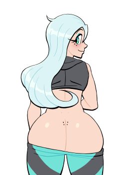 1girl absurdres alternate_color ass back blue_hair blush borrowed_character butt_crack cassette_(sayman) clothes_pull commission cropped_hoodie cropped_jacket dimples_of_venus from_behind green_eyes highres hood hoodie huge_ass looking_at_viewer looking_back lovetopullmicke mole mole_on_ass mole_on_cheek mooning no_panties original pants pants_pull shiny_skin smile solo thick_thighs thighs white_background wide_hips