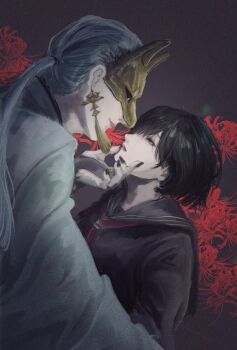 Rule 34 | aka boguma, black eyes, black hair, black nails, black sailor collar, black sclera, black serafuku, colored sclera, earrings, flower, fox mask, fox mask (silent hill), grabbing another's face, head grab, jewelry, looking at another, low ponytail, mask, neckerchief, ponytail, red neckerchief, robe, sailor collar, school uniform, serafuku, shimizu hinako, silent hill (series), silent hill f, spider lily, tassel, tassel earrings, white hair, white robe