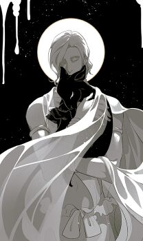 1boy aechmea_(houseki_no_kuni) animal animal_hug armlet baby_animal bangle bracelet covered_mouth eyelashes facing_viewer goat greyscale halo hand_up holding holding_animal houseki_no_kuni jewelry lamb male_focus mole mole_under_eye monochrome navel robe saiko67 see-through_clothes shawl sheep short_hair sky star_(sky) starry_sky toned toned_male upper_body