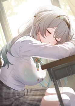 1girl absurdres black_hairband blush bow bowtie bra bra_visible_through_clothes breasts closed_mouth commentary_request desk firefly_(honkai:_star_rail) firefly_(spring_missive)_(honkai:_star_rail) green_bow green_bowtie green_bra grey_hair grey_sailor_collar grey_skirt hairband highres honkai:_star_rail honkai_(series) indoors komugirakko large_breasts long_hair official_alternate_costume parted_lips plaid_bow plaid_bowtie plaid_clothes plaid_skirt pleated_skirt sailor_collar school_desk school_uniform shirt sitting skirt sleeping solo thighhighs underwear white_shirt white_thighhighs