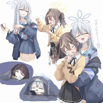 Rule 34 | 2girls, black jacket, black skirt, blank eyes, blue archive, blue necktie, blue shirt, blue skirt, blush, collared shirt, commentary, floral print shirt, food, grey eyes, grey hair, grey halo, haamon (harmon), hair between eyes, halo, highres, holding, holding food, hug, hug from behind, instant cup noodles, instant noodles, jacket, konoka (blue archive), long hair, mask, mouth mask, multiple girls, necktie, open clothes, open jacket, open mouth, pleated skirt, rena (blue archive), shirt, skirt, twintails, under covers, white mask, white shirt, yellow halo, yellow jacket, yuri
