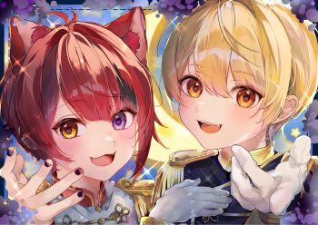 2boys animal_ears antenna_hair black_nails blonde_hair dog_ears gloves hair_between_eyes hair_intakes hand_on_own_chest heterochromia highres male_focus mashiro_nico multiple_boys open_mouth outstretched_arm portrait red_hair rinu_(stpri) root_(stpri) short_hair smile strawberry_prince white_gloves yellow_eyes