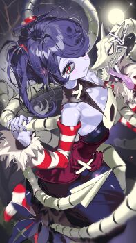 2pineapplepizza absurdres animal bird blurry blush bone colored_skin depth_of_field detached_collar detached_sleeves frayed_clothes hair_over_one_eye highres holding holding_animal leviathan_(skullgirls) moon motion_blur nail_polish pants purple_hair purple_nails purple_pants purple_skin red_eyes sharp_tail skull skullgirls smile socks squigly_(skullgirls) star_(sky) stitched_mouth stitches striped_clothes striped_sleeves striped_socks tongue twintails