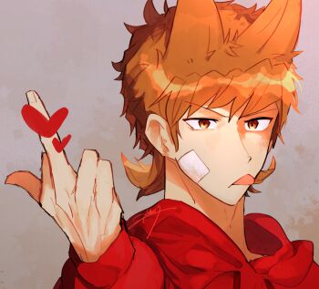 1boy 210hal3 animification antenna_hair bandage_on_cheek brown_eyes brown_hair censored commentary drawstring eddsworld flipped_hair grey_background hair_behind_ear hair_ears hashtag-only_commentary heart heart_censor highres hood hood_down hoodie jitome long_sleeves looking_at_viewer male_focus middle_finger portrait red_hoodie short_hair signature simple_background solo symbol-only_commentary tongue tongue_out tord_(eddsworld)