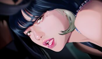 1girl am_202004 black_eyeliner black_hair blackpink blunt_bangs bob_cut close-up eyeliner eyeshadow hashtag-only_commentary k-pop lisa_(blackpink) looking_at_viewer makeup mascara mole open_mouth pink_lips solo twitter_username