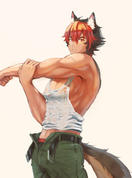 08leiya 1boy abs animal_ear_fluff animal_ear_piercing animal_ears arm_across_chest belt belt_buckle black_hair black_male_underwear buckle cargo_pants commentary cowboy_shot cross-body_stretch dog_boy dog_ears dog_tail green_pants hair_between_eyes highres komano_manato looking_at_viewer male_focus male_underwear male_underwear_peek midriff multicolored_hair multiple_scars muscular muscular_male open_belt open_fly open_pants pants parted_lips pectoral_cleavage pectorals red_eyes red_hair scar scar_across_eye scar_on_chest scar_on_face see-through_clothes see-through_shirt shirt simple_background solo stretching sweat sweaty_clothes symbol-only_commentary tail tank_top two-tone_hair underwear wet wet_clothes white_background white_tank_top zenless_zone_zero
