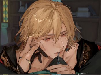 2boys alhaitham_(genshin_impact) bishounen black_gloves black_male_underwear blonde_hair blush boxer_briefs boxers bulge collarbone earrings erection erection_under_clothes feather_hair_ornament feathers genshin_impact gloves hair_between_eyes hair_ornament hand_in_another&#039;s_hair hand_on_another&#039;s_face highres indoors jewelry kaveh_(genshin_impact) long_hair looking_at_viewer male_focus male_underwear medium_hair mouth_hold multiple_boys open_pants pants parted_lips partially_fingerless_gloves pov pov_crotch red_eyes ring short_hair single_earring solo_focus twitter_username underwear vyqi yaoi zipper zipper_pull_tab