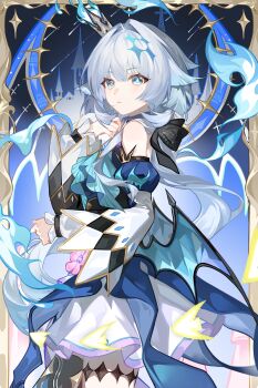 1girl absurdres bare_shoulders blue_dress blue_eyes blue_fire blue_hair border breasts cerydra_(honkai:_star_rail) crown detached_sleeves dress fire from_side hair_intakes highres honkai:_star_rail honkai_(series) isho long_hair looking_at_viewer small_breasts solo very_long_hair wings