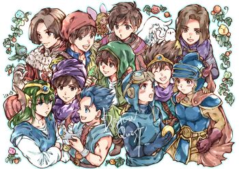 6+boys arm_around_shoulder armor artist_name aviator_cap aviator_goggles bandana black_bodysuit blue_armor blue_eyes blue_hair blue_hat blue_shirt blue_tunic blush bodysuit brown_eyes brown_hair cape circlet cloak closed_eyes commentary_request copyright_name dragon_quest dragon_quest_i dragon_quest_ii dragon_quest_iii dragon_quest_iv dragon_quest_ix dragon_quest_v dragon_quest_vi dragon_quest_vii dragon_quest_viii dragon_quest_x dragon_quest_xi fairy fake_horns forehead_protector gloves goggles goggles_on_head green_hair green_hat hair_between_eyes hair_slicked_back hat headscarf helmet hero_(dq1) hero_(dq10) hero_(dq11) hero_(dq3) hero_(dq4) hero_(dq5) hero_(dq6) hero_(dq7) hero_(dq8) hero_(dq9) highres horned_helmet horns isa_(chiyo-s) long_hair looking_at_another male_focus multiple_boys open_mouth orange_bodysuit parted_bangs plume prince_of_lorasia purple_cloak purple_scarf red_bandana red_cape red_gloves scarf shirt short_hair shoulder_armor smile tunic upper_body white_shirt white_wings winged_headwear wings