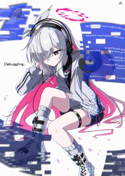 1girl absurdres alternate_costume black_shirt black_shorts blue_archive boots braid closed_mouth colored_inner_hair glitch grey_hair grey_jacket hair_over_one_eye hair_ribbon halo headphones highres jacket kiroshi long_hair multicolored_hair pink_hair plana_(blue_archive) red_halo red_pupils ribbon shirt short_shorts shorts sidelocks single_braid socks solo thigh_strap two-tone_hair very_long_hair white_boots white_ribbon white_socks