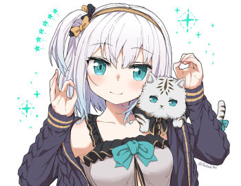 1girl animal animal_on_shoulder arm_up ars_almal ars_almal_(5th_costume) black_jacket blue_eyes blush bow bowtie breasts camisole cat cat_on_shoulder cat_tail closed_mouth collarbone hairband highres jacket long_sleeves medium_breasts nijisanji one_side_up open_clothes open_jacket open_mouth short_hair simple_background smile solo tail tatami_kami upper_body virtual_youtuber white_background white_camisole white_cat white_hair