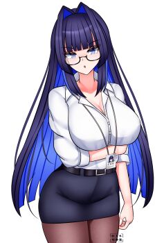 1girl absurdres alternate_costume black_hair black_pantyhose black_skirt blue_eyes blue_hair breasts cleavage collared_shirt colored_inner_hair dasmortred dress_shirt formal_clothes glasses hair_intakes highres hololive hololive_english id_card lanyard large_breasts long_hair long_sleeves looking_at_viewer multicolored_hair name_tag office_lady ouro_kronii pantyhose pencil_skirt shirt shirt_tucked_in simple_background skirt skirt_suit solo suit virtual_youtuber white_background white_shirt