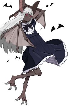 Rule 34 | 1girl, absurdres, animal ears, bat ears, bat girl, bat wings, black dress, black ribbon, borrowed character, clawed feet, colored sclera, commission, commissioner upload, dark-skinned female, dark skin, dress, fang, full body, highres, long hair, looking at viewer, monster girl, original, red sclera, ribbon, sattinittas, short sleeves, simple background, skeb commission, solo, sophie (plenty of poi), white background, white hair, winged arms, wings