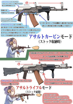 1girl 5.45x39mm ak-74 ak-74m ak-74mb ammunition assault_rifle blue_eyes brown_hair bullpup carbine_cartridge chart daito diagram ear_covers ear_protection earmuffs english_text folding_stock gun hair_ornament hiragana information_sheet intermediate_cartridge japanese_text kalashnikov_rifle katakana long_gun magazine_(weapon) mixed-language_text ooo_ntf_medium original prototype_design rifle rifle_cartridge stock_(firearm) supersonic_ammunition text_focus transformation transforming_weapon translation_request vertical_forward_grip weapon weapon_focus weapon_name weapon_profile weird_guns_of_the_world
