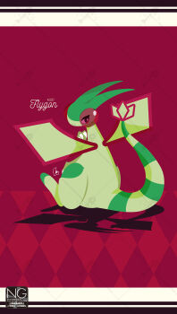 Rule 34 | animal focus, claws, commentary, dragon, flygon, full body, gen 3 pokemon, green wings, highres, looking at viewer, looking back, meme (sleepsheep), nintendo, no humans, pokemon, pokemon (creature), pokemon focus, red eyes, shadow, solo, symbol-only commentary, tail, wings