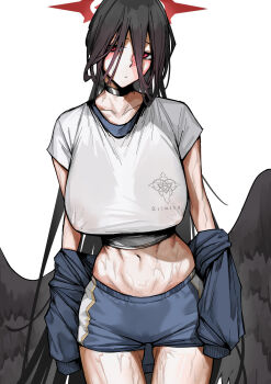 1girl absurdres black_choker black_hair black_wings blue_archive blue_jacket blue_shorts blush breasts choker collarbone covered_erect_nipples feathered_wings gym_shirt gym_uniform halo hasumi_(blue_archive) hasumi_(track)_(blue_archive) highres huge_breasts jacket jacket_partially_removed navel official_alternate_costume oha_v red_eyes red_halo shirt short_sleeves shorts simple_background sleeves_past_fingers sleeves_past_wrists solo stomach sweat sweaty_clothes white_background wings