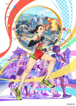 6+girls architecture armband artist_name balloon bird black_gloves black_hair black_shoes black_shorts black_sleeves blue_shorts blue_sky blue_tank_top brown_hair city cityscape clenched_hands cloud dark-skinned_female dark_skin detached_sleeves east_asian_architecture fire flying full_body gloves green_shorts highres highway hollywood_sign japan kariya_(kry_aia) lantern looking_ahead marathon_(sports) motion_lines multiple_girls official_art open_mouth osaka_(city) osaka_castle osaka_women's_marathon outline palm_tree paper_lantern parody purple_shorts race_bib real_life real_world_location red_shoes red_shorts red_tank_top running seagull second-party_source shoes shorts sky sneakers sportswear sunglasses tank_top teeth torch tower tree tsuutenkaku two-tone_shorts two-tone_tank_top upper_teeth_only waves white_bird white_outline white_shoes white_shorts white_tank_top