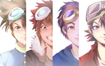 Rule 34 | 4boys, blue hoodie, blue shirt, brown eyes, brown hair, close-up, digimon, digimon adventure, digimon adventure 02, digimon frontier, digimon tamers, goggles, goggles on head, hood, hoodie, in-franchise crossover, kanbara takuya, male focus, matsuda takato, medium hair, motomiya daisuke, multiple boys, oh sorry 01, open mouth, shirt, short hair, simple background, smirk, white background, yagami taichi