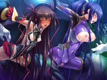 2girls akiyama_rinko aoi_nagisa_(metalder) bdsm black_lilith blush bodysuit bondage bound bound_arms bound_wrists breastless_clothes breasts brown_hair censored closed_eyes covered_erect_nipples curvy dark-skinned_female dark_skin female_focus game_cg hair_ornament hair_ribbon indoors leotard long_hair machine mechanical_fixation mizuki_yukikaze moaning mosaic_censoring multiple_girls nipples no_bra no_panties open_mouth outstretched_arms restrained ribbon shiny_skin skirt spread_arms stationary_restraints taimanin_(series) taimanin_yukikaze tattoo tongue_tattoo torn_clothes twintails very_long_hair