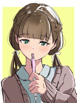 Rule 34 | 1girl, blue shirt, blush, border, brown cardigan, brown hair, cardigan, center-flap bangs, collared shirt, commentary request, green eyes, hair ribbon, half-closed eyes, highres, holding, holding pencil, kiin (kiin 00), long sleeves, looking at viewer, love live!, love live! superstar!!, low twintails, mechanical pencil, open cardigan, open clothes, outside border, pencil, ribbon, sakurakoji kinako, shirt, solo, thinking, twintails, white border, white ribbon, yellow background