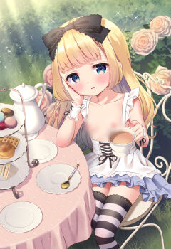 1girl alice_(alice_in_wonderland) alice's_adventures_in_wonderland apron blonde_hair blue_eyes blue_skirt blur_censor blush breasts censored chair chitosezaka_suzu collarbone commentary_request cup flower food frilled_apron frilled_skirt frills grass holding holding_cup long_hair looking_at_viewer macaron nipples on_chair parted_lips pink_flower pink_rose rose sandwich saucer sitting skirt small_breasts solo spoon striped_clothes striped_thighhighs teapot thighhighs tiered_tray topless_female very_long_hair waffle white_apron wrist_cuffs