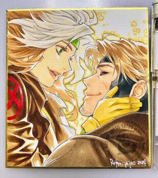 1boy 1girl art_tools_in_frame black_sclera blonde_hair brown_coat brown_hair closed_mouth coat colored_sclera couple facial_hair gambit gloves green_eyes green_headband hand_on_another's_face headband looking_at_another marvel mature_female mature_male multicolored_hair open_mouth red_eyes red_lips rogue_(x-men) shirt signature smile split-color_hair superhero_costume tateo_retsu two-tone_hair white_hair x-men yellow_gloves yellow_shirt