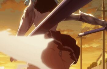 1girl afternoon animated animated_gif ass blue_hair bulge facing_away gauntlets hidden_face huge_ass light_rays long_sleeve_shirt nonaka_yuki panties panty_bulge school_uniform serafuku sheath shinmai_maou_no_testament shirt short_hair solo standing striped_clothes striped_panties sword thick_thighs thighs underwear upskirt weapon white_shirt wind wind_lift