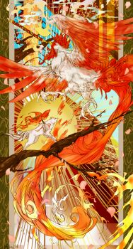 amaterasu_(ookami) animal bad_id bad_pixiv_id bird branch canvas_(object) chicken chinese_zodiac commentary_request fire highres mythological_creature no_humans oki_(a-terubz) ookami_(game) petals red_wings sun tree branch twitter_username white_wolf wings wolf year_of_the_rooster