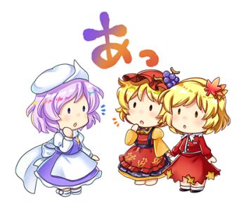 Rule 34 | 3girls, aki minoriko, aki shizuha, apron, back bow, blonde hair, bow, chibi, chibi only, fruit hat ornament, grape hat ornament, hair ornament, hat, holding hands, lapel pin, leaf, leaf hair ornament, letty whiterock, long sleeves, lowres, maple leaf, mob cap, multiple girls, official art, open mouth, purple hair, purple skirt, purple vest, red apron, red hat, red shirt, red skirt, rotte (1109), scarf, second-party source, shirt, short hair, siblings, sisters, skirt, sticker (medium), touhou, touhou lostword, translation request, transparent background, vest, waist apron, white apron, white bow, white hat, white scarf