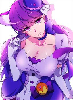 10s 1girl animal_ears breasts cat_ears cat_tail choker cleavage cure_macaron earrings elbow_gloves extra_ears female_focus food-themed_hair_ornament gloves hair_ornament jewelry kirakira_precure_a_la_mode kotozume_yukari large_breasts long_hair looking_at_viewer macaron_hair_ornament magical_girl negom precure purple_choker purple_eyes purple_hair simple_background solo tail white_background white_gloves