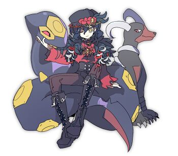 1boy androgynous black_boots black_corset black_feathers black_hair black_hat boots brown_pants commentary corset crossover edgar_valden edgar_valden_(multicolor_printing) feathers flat_cap flower fold-over_boots gen_2_pokemon gen_3_pokemon hat hat_feather hat_flower houndoom identity_v looking_at_viewer male_focus mdr_31 nintendo official_alternate_costume one_eye_closed pants pokemon pokemon_(creature) red_shirt seviper shirt sitting slit_pupils spider_ornament symbol-only_commentary yellow_eyes